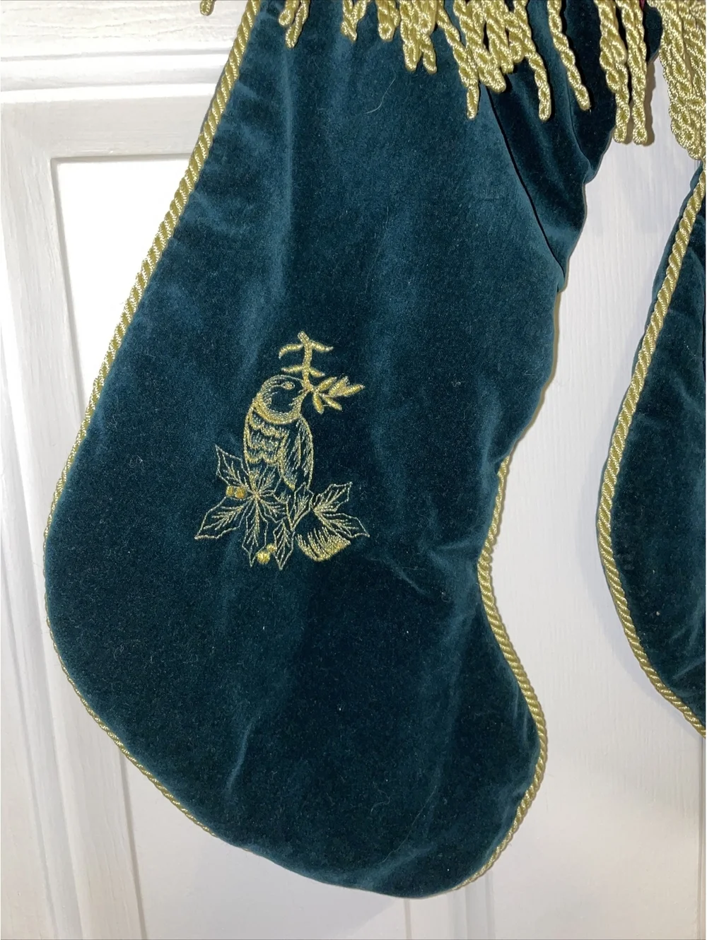 Velvet Green Christmas Stockings Gold Cord Trim Gold Stitched Bird Poinsettias